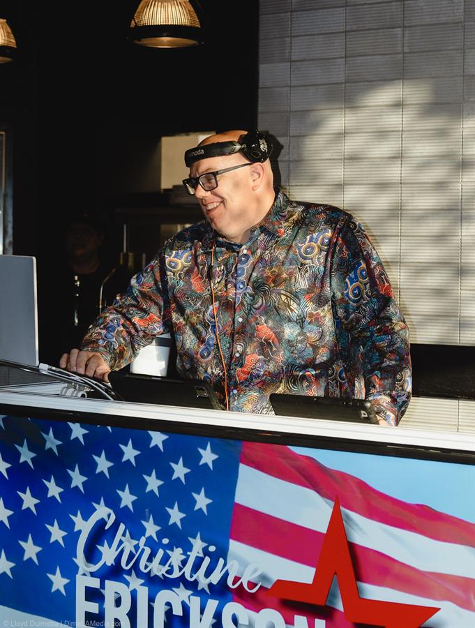 DJ Chris Hintz of Pinnacle DJ on the decks at Christine Erickson's election night party, photographed by Lloyd Duimstra, Sioux Falls SD