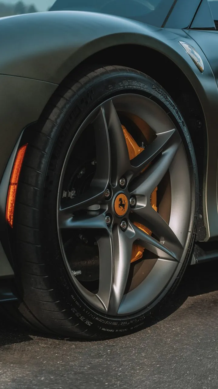 Forged wheel and yellow brake caliper detail on a matte Ferrari