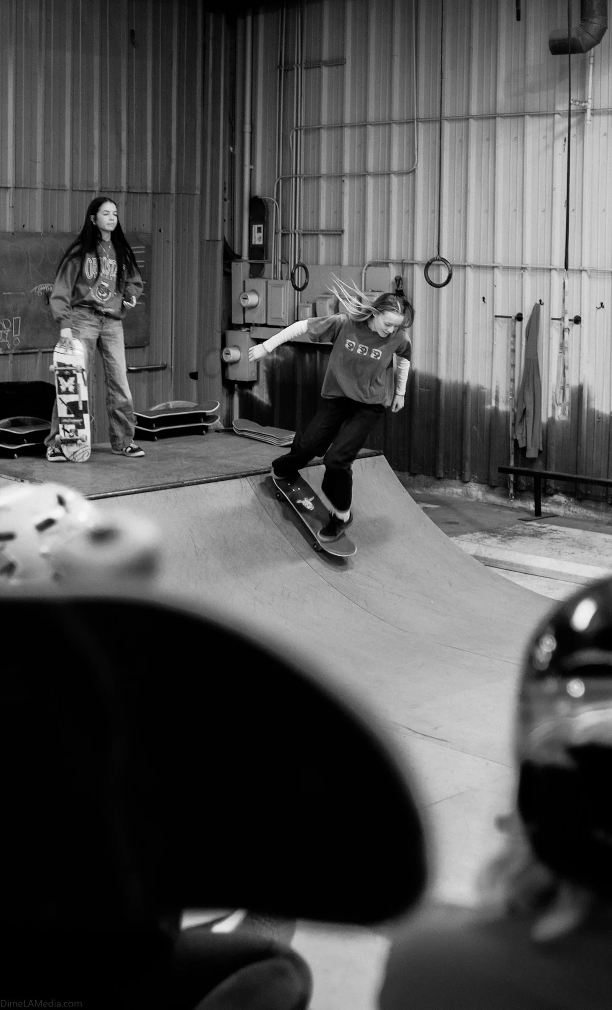 Skater dropping in at The Siouxer indoor skatepark, a frame from the Dime LA Media skate films