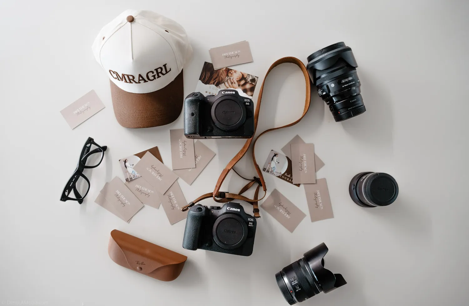 Flat lay of a photographer's camera kit on the studio floor