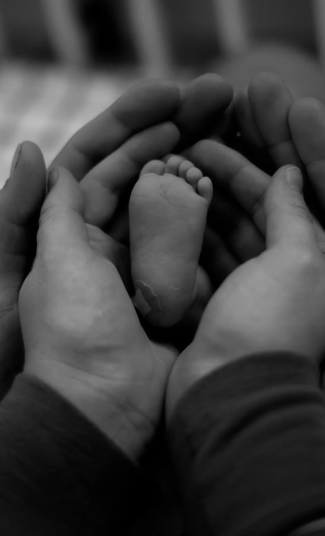Black and white detail of a newborn foot in cupped hands