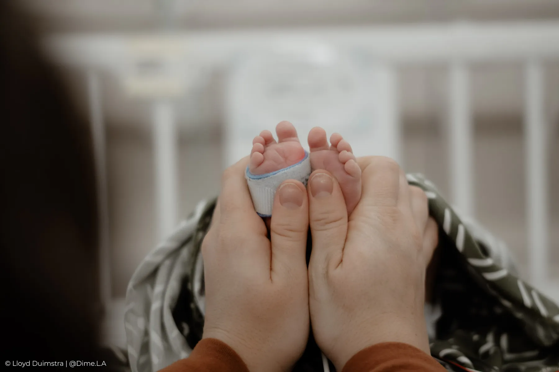 Newborn toes held gently in a parent’s hands