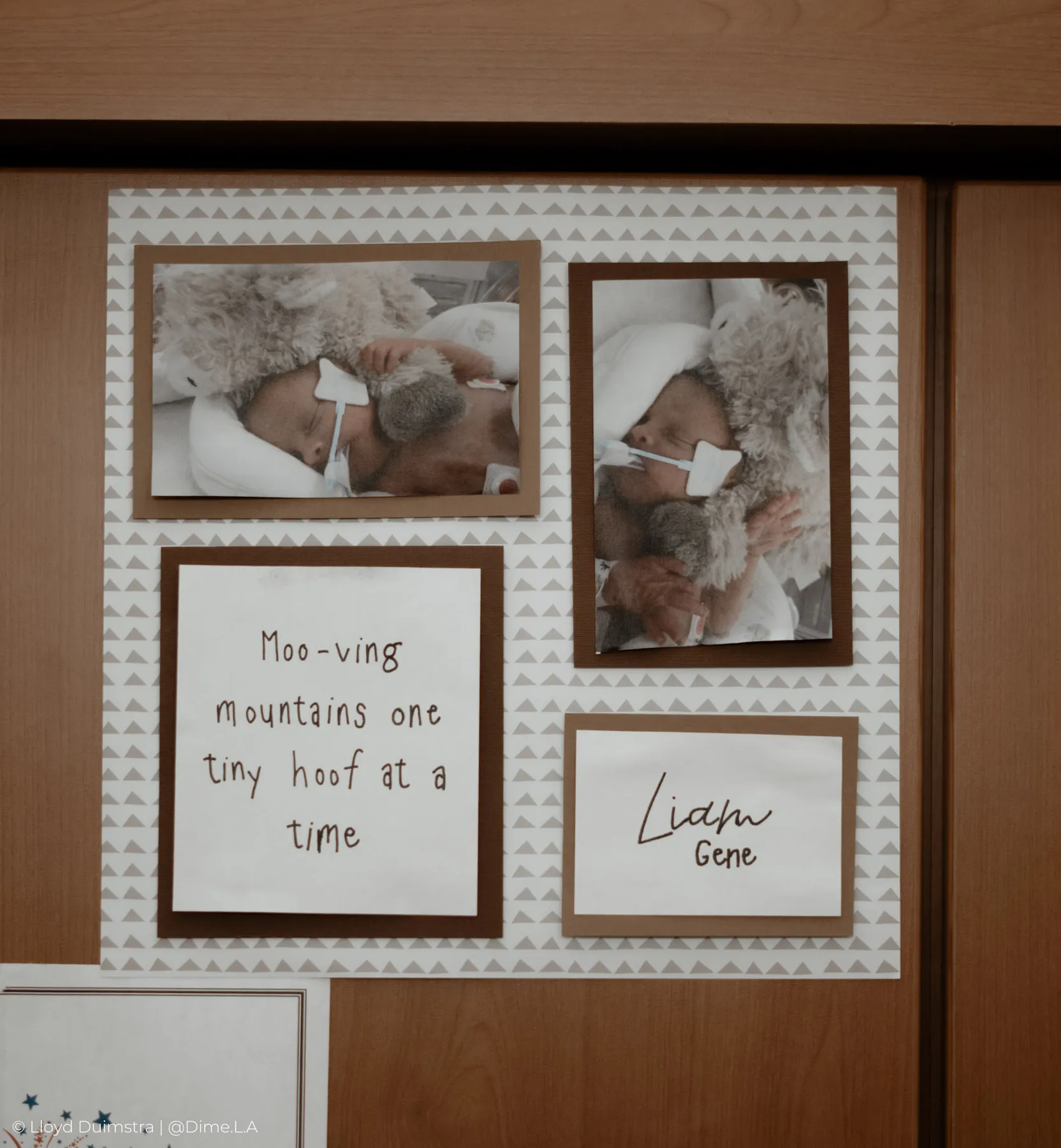 Handmade sign and photos on the NICU room wall