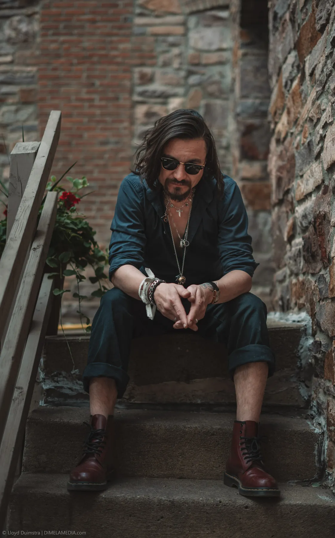 Editorial musician portrait on stone steps, Sioux Falls SD