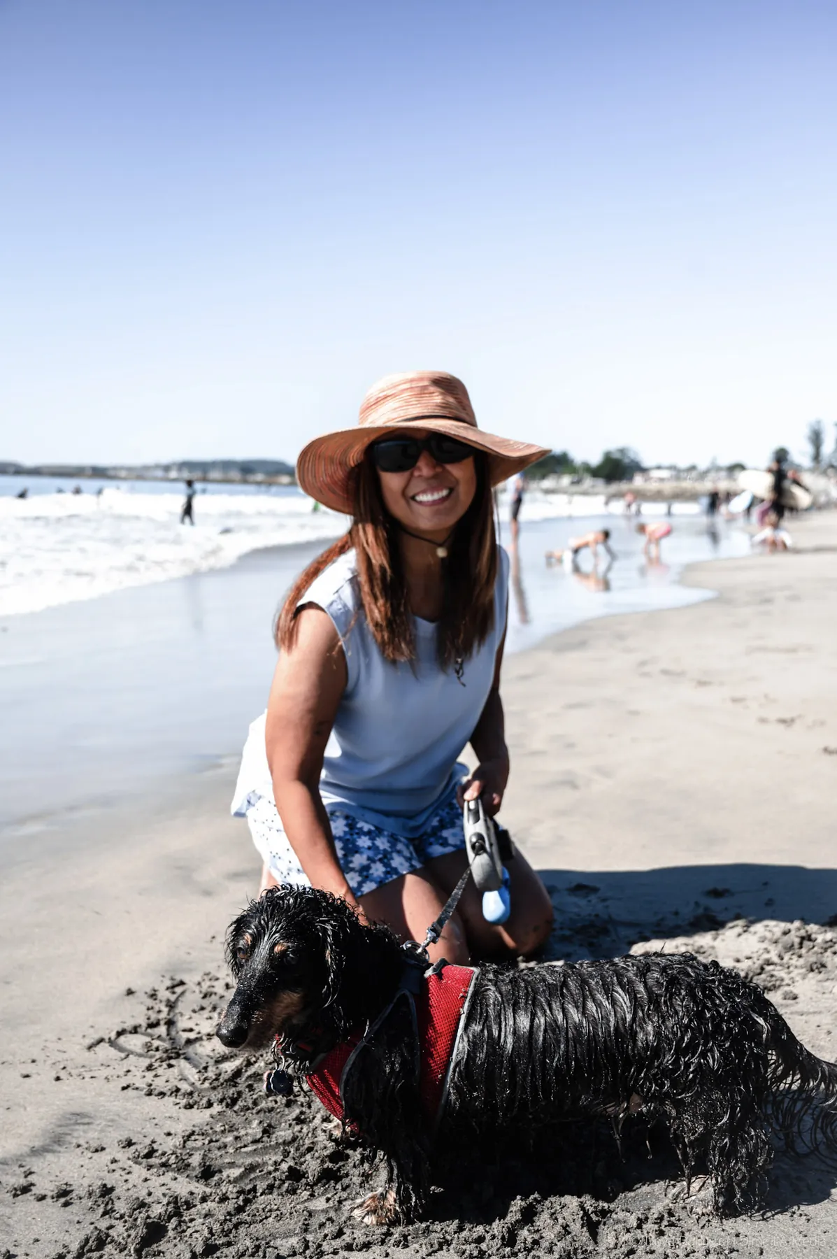 Woman playing with her dog in the sand at the beach