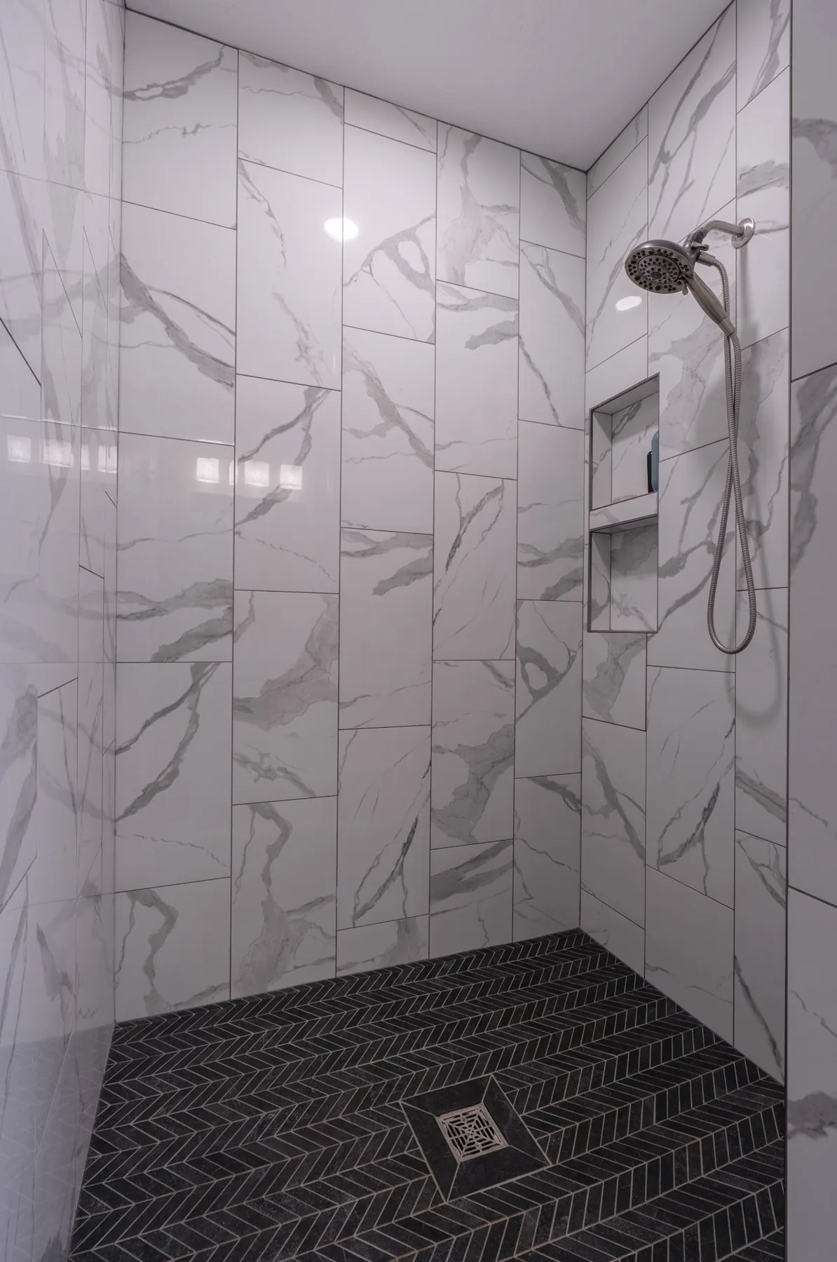 Marble tile walk-in shower, real estate photography Sioux Falls SD